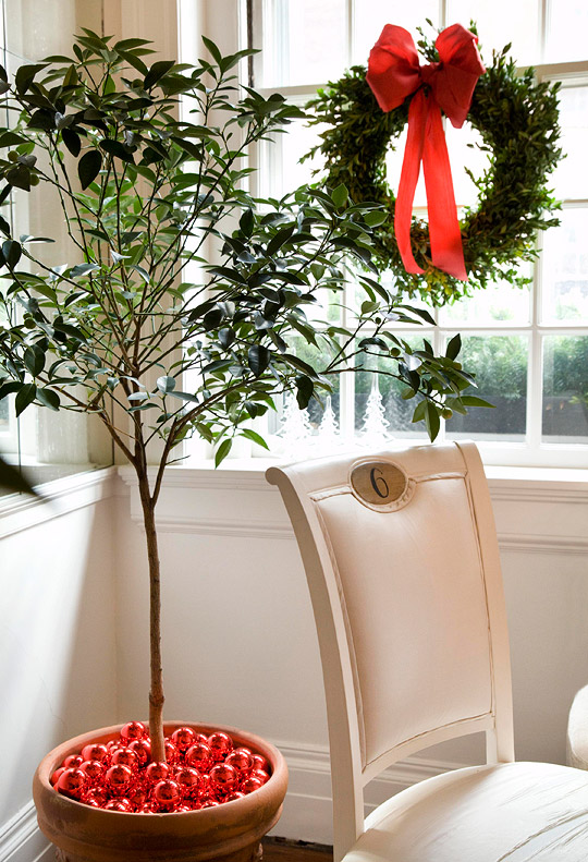 Red bulbs decorate potted plant (Photo: Traditional Home)