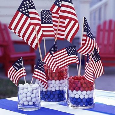 Flags anchored in red, white, and blue gum balls.