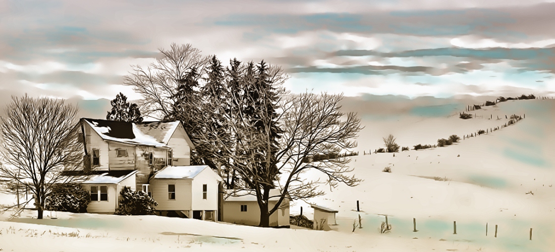 "Amish Farm in Winter" by Tom Schmidt, watercolor, 2010.