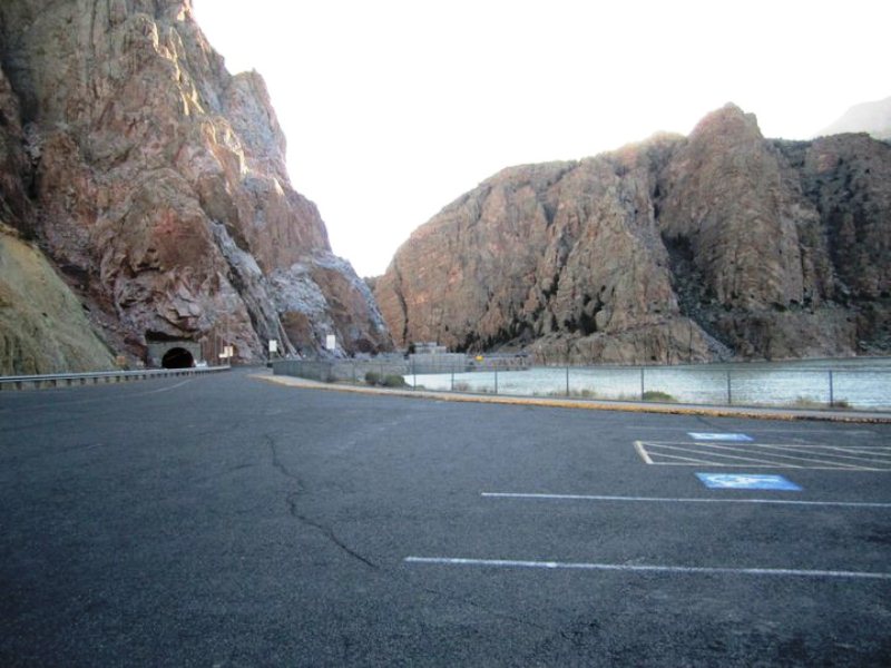 Parking lot for the Buffalo Bill Reservoir and Dam. That's the third tunnel coming out of Rattlesnake Mountain.