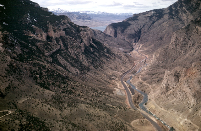 Aerial view - From Cody, the highway follows the river through the canyon and mountain to the reservoir. (Photo: Louis J. Maher, Jr.)